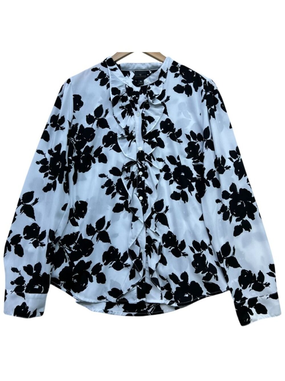 Worthington Womens Ruffled Button Front Blouse Long Sleeve XL White Black Floral